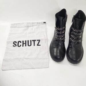 Schutz Jeh Gunmetal Chain Leather Combat Ankle Boots Women 9.5B Black W/ Dustbag